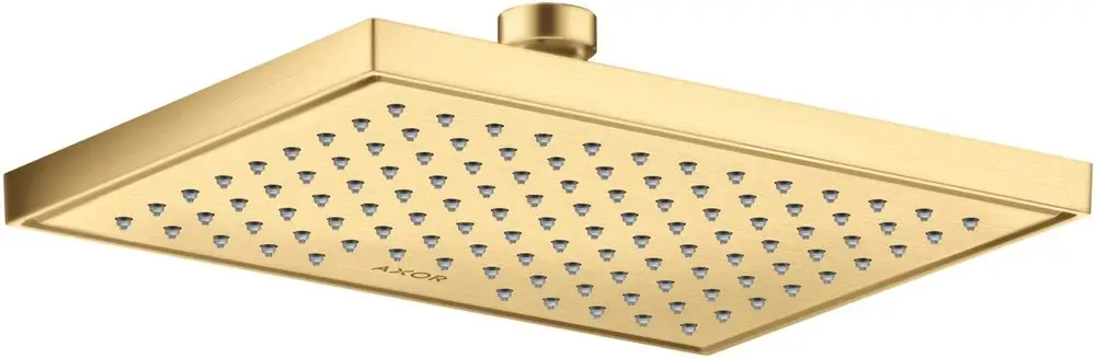 Duschkopf mit quadratischer Form und mehreren Düsen, in mattem Goldton. Die Marke AXOR ist im unteren Bereich des Duschkopfs sichtbar.